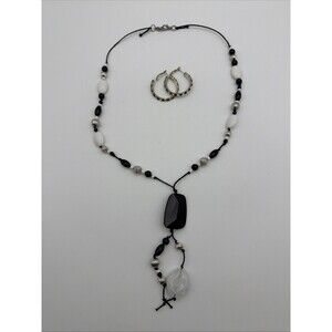 Black White Beaded Necklace Set w/ Pendant + Rhinestone Hoop Earrings